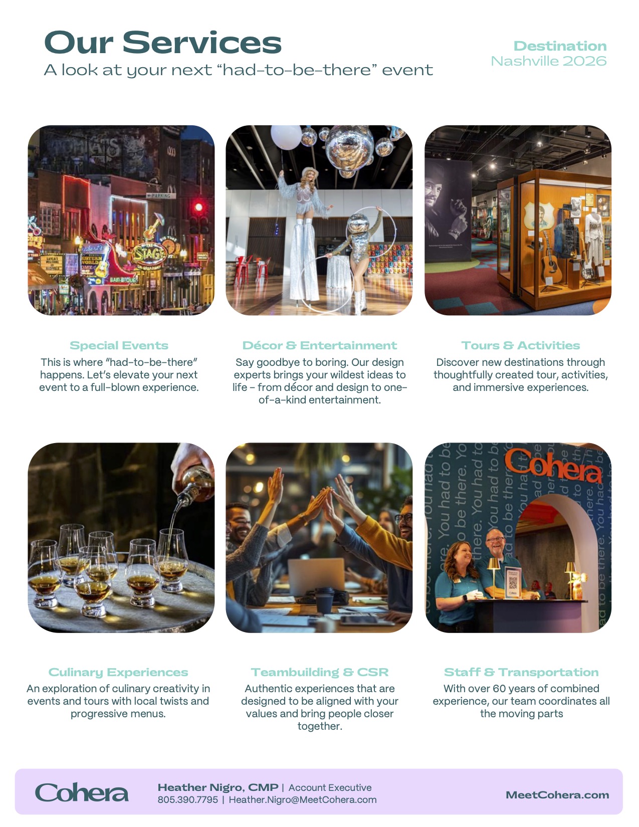 Cohera services overview with images for special events, décor, tours, culinary experiences, teambuilding, and staffing.