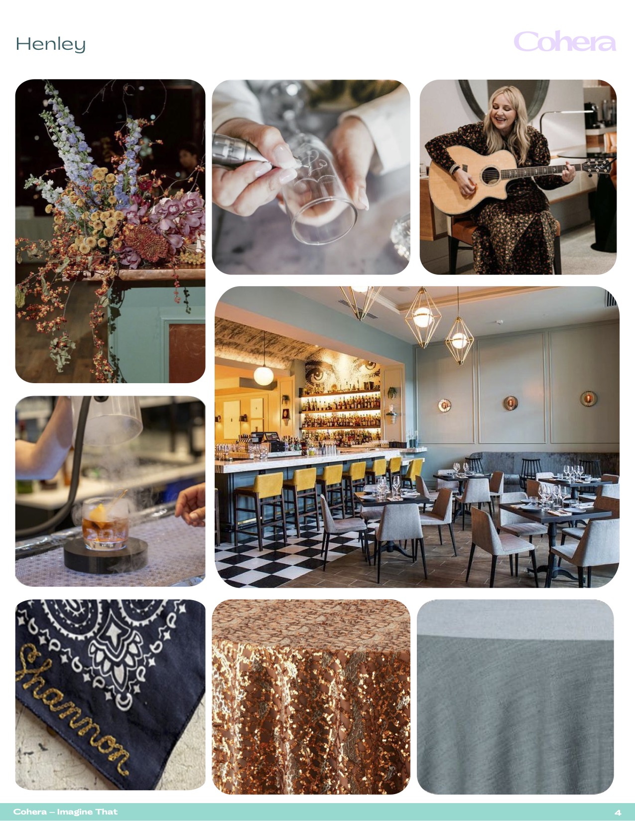 Henley inspiration board featuring restaurant, cocktail, floral, entertainment, and event detail imagery.