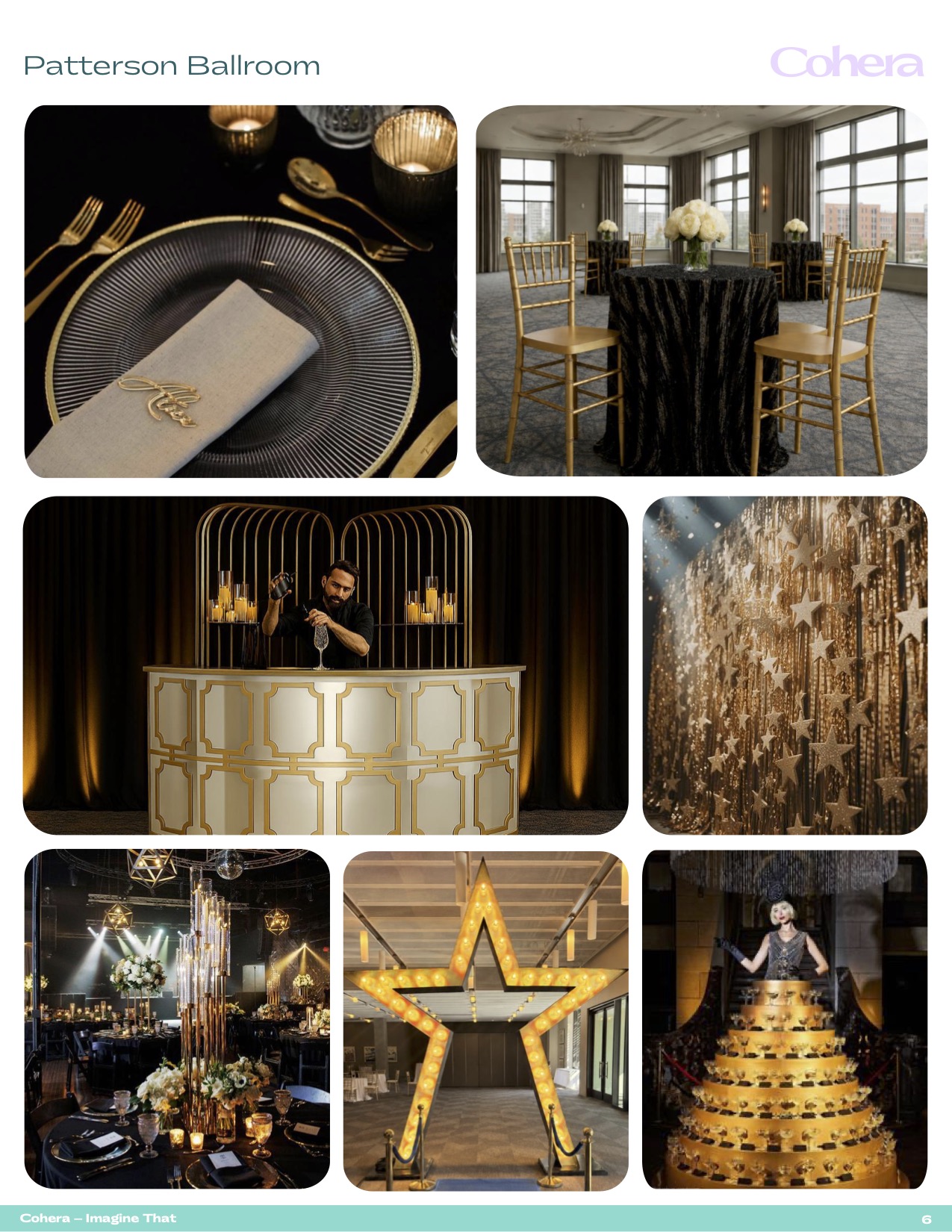 Patterson Ballroom inspiration board with black and gold table settings, bar service, star décor, and entertainment imagery.