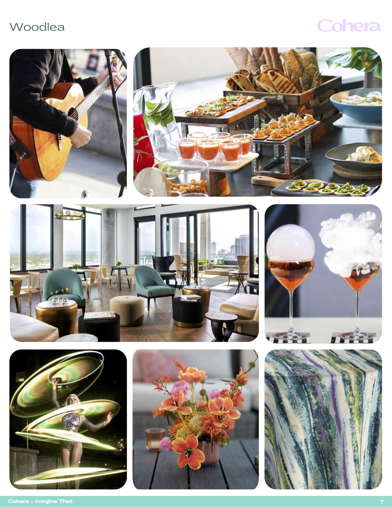 Woodlea inspiration board featuring live music, catering, lounge seating, cocktails, florals, and event décor.
