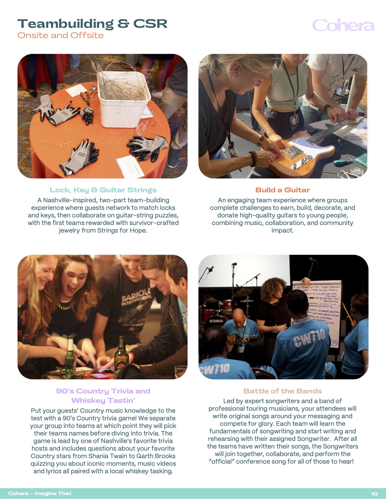 Teambuilding and CSR page featuring guitar-building, lock-and-key activities, country trivia, and battle of the bands.