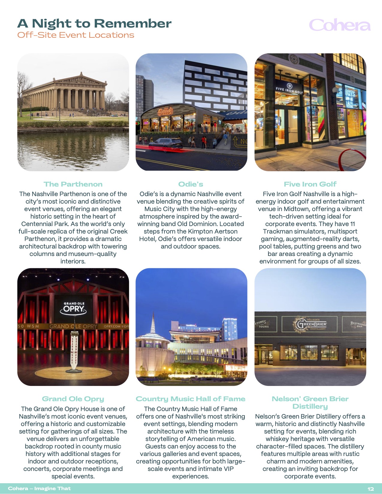 Off-site event locations page featuring The Parthenon, Odie’s, Five Iron Golf, Grand Ole Opry, Country Music Hall of Fame, and Nelson’s Green Brier Distillery.